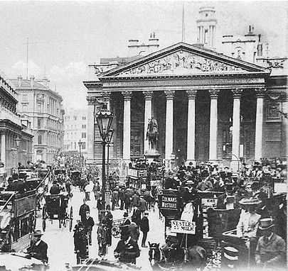The Royal Exchange and Bank of England, Circa 1910. Original author unknown.